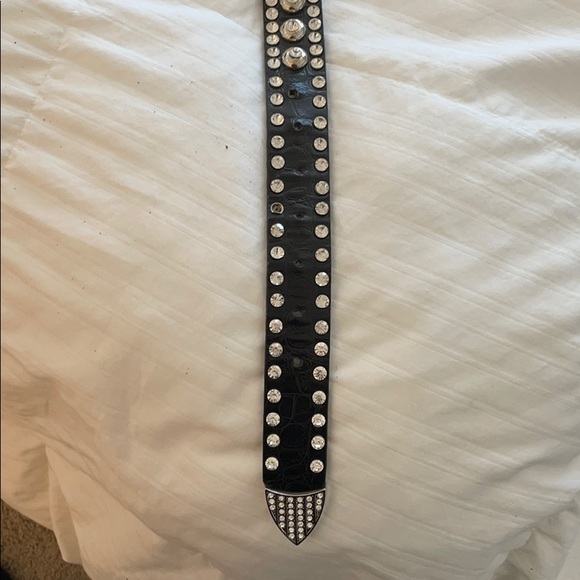 Black Leather Silver Rhinestone Belt Silver Buckle - Picture 7 of 9